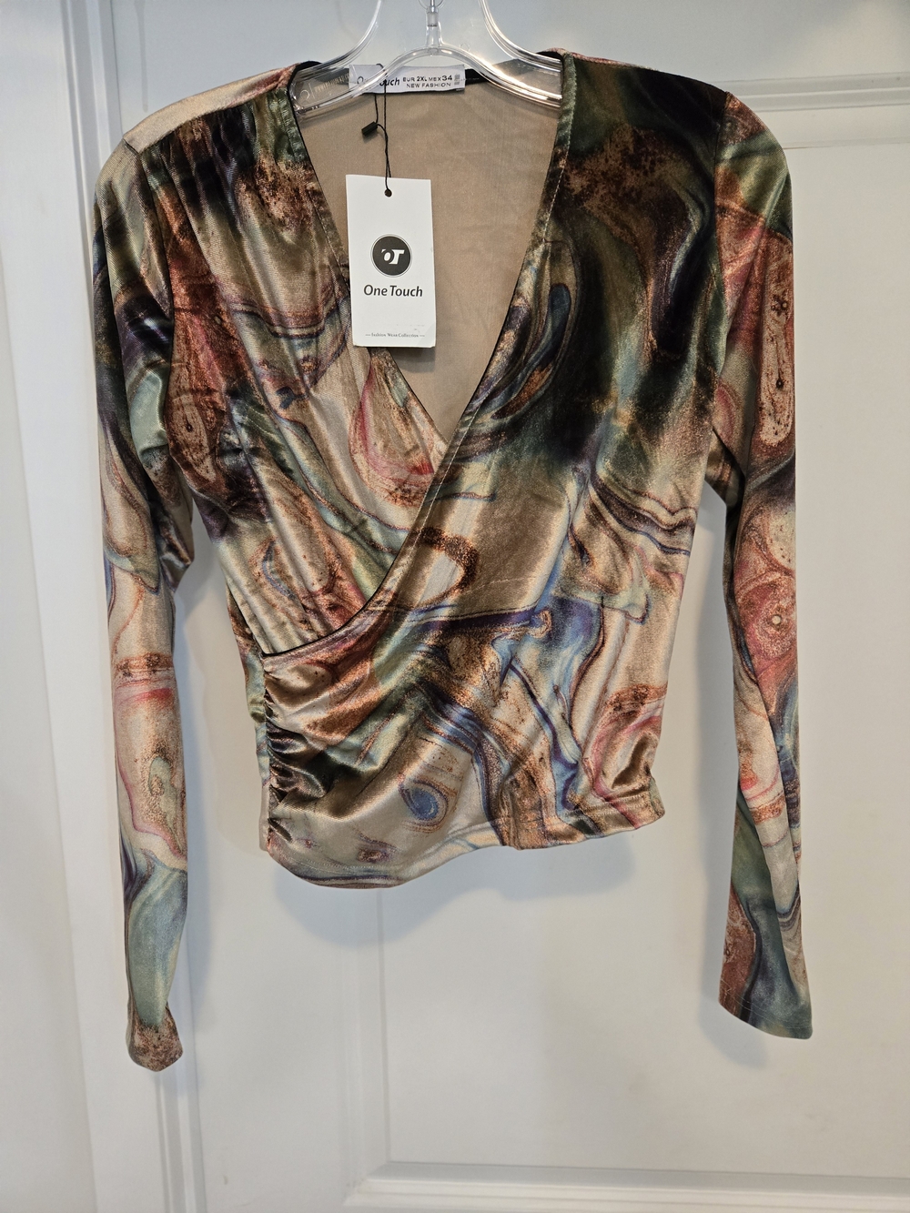 ONE Touch Women's Multicolor Marble-Print Wrap Top Size M
